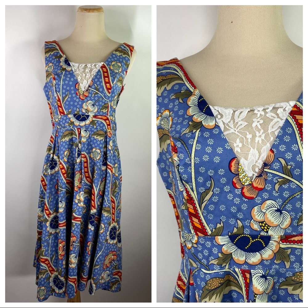 HEARTS & ROSES LONDON US 8 Retro Blue Floral Print Lace A-Line Dress Rockabilly